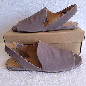 New Lucky Brand Women's "Georgeta" suede flat sandals in greyish color